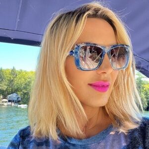 CHANEL Blue Patterned Sunglasses With Pearls CC Logo